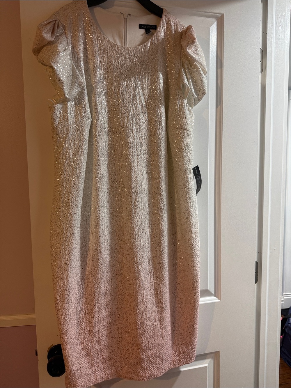 Lane Bryant plus dress Luxe Sparkle white pink Puff-Sleeve Sheath